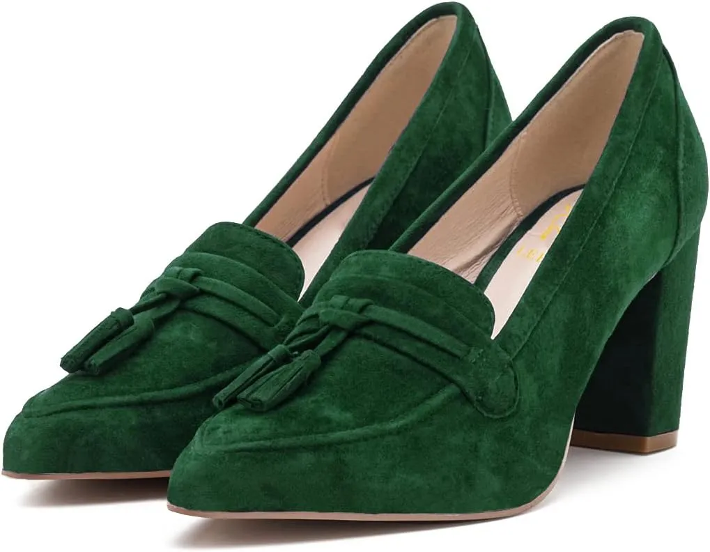LEHOOR Women Chunky Block High Heel Suede Pumps Pointed Closed Toe Slip On Dress Loafers with Tassel 3" Thick Heel Fringed Pumps for Office Ladies Girls Work Shoes Elegant Comfortable Spring 4-11 M US