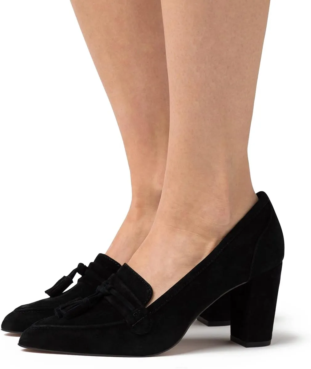 LEHOOR Women Chunky Block High Heel Suede Pumps Pointed Closed Toe Slip On Dress Loafers with Tassel 3" Thick Heel Fringed Pumps for Office Ladies Girls Work Shoes Elegant Comfortable Spring 4-11 M US