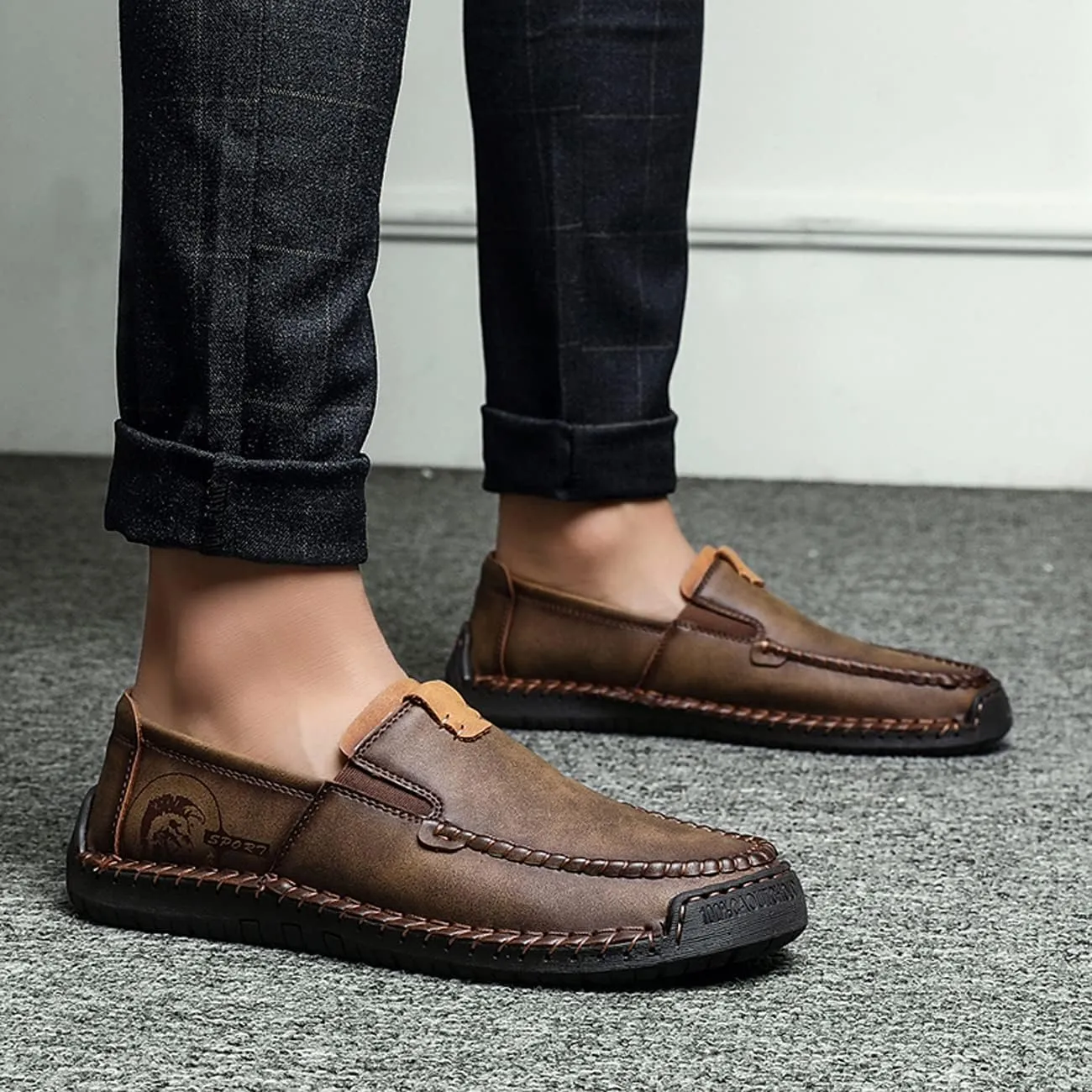 Men Classic Leather Stitching Loafers Business Walking Breathable Casual Moccasin Comfortable Soft Shoes