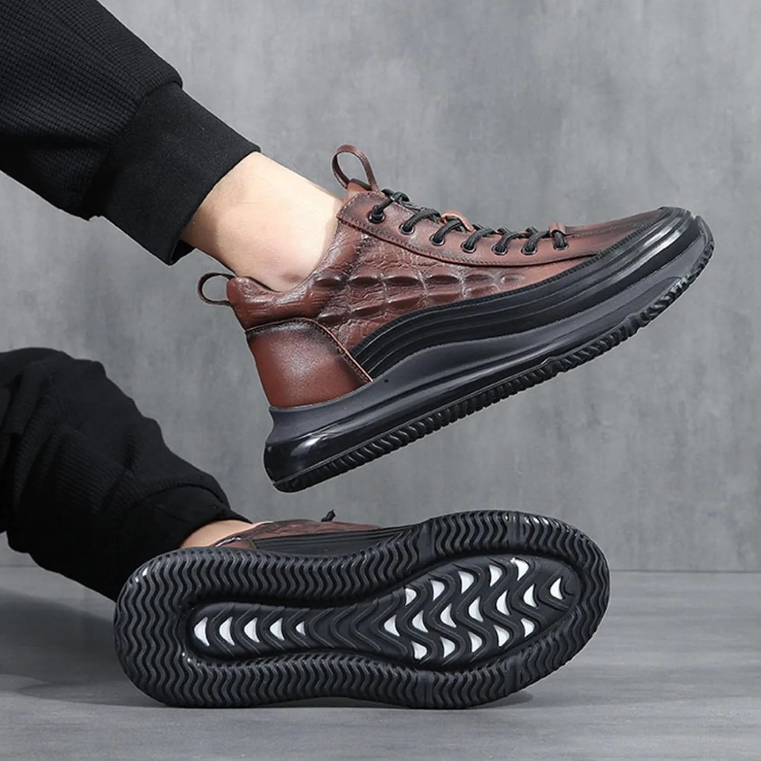 Men's Crocodile Pattern Leather Waterproof Non-Slip Sneakers Cushion Pattern Sneakers Height Lifting Comfortable Shoes