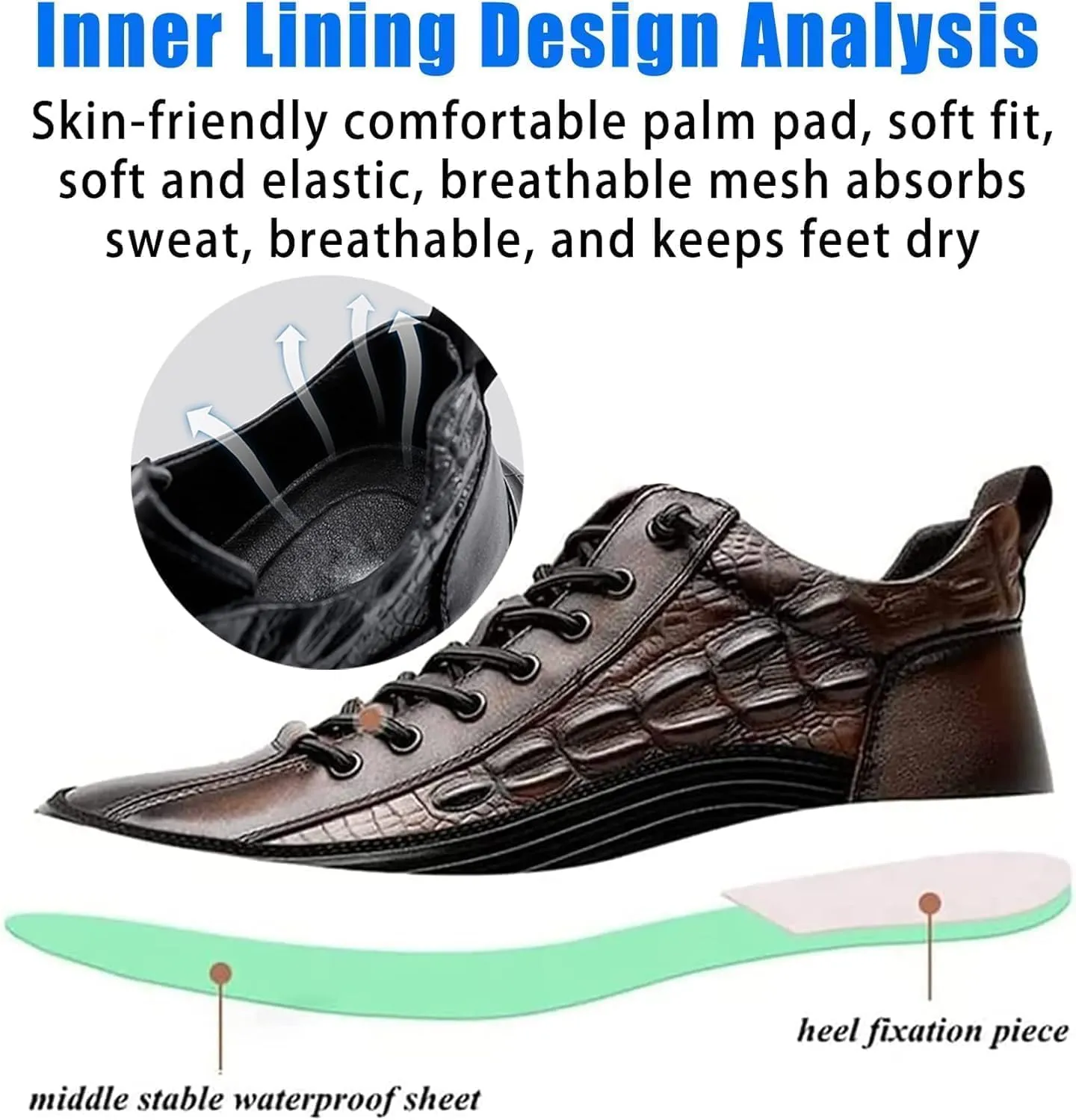 Men's Crocodile Pattern Leather Waterproof Non-Slip Sneakers Cushion Pattern Sneakers Height Lifting Comfortable Shoes