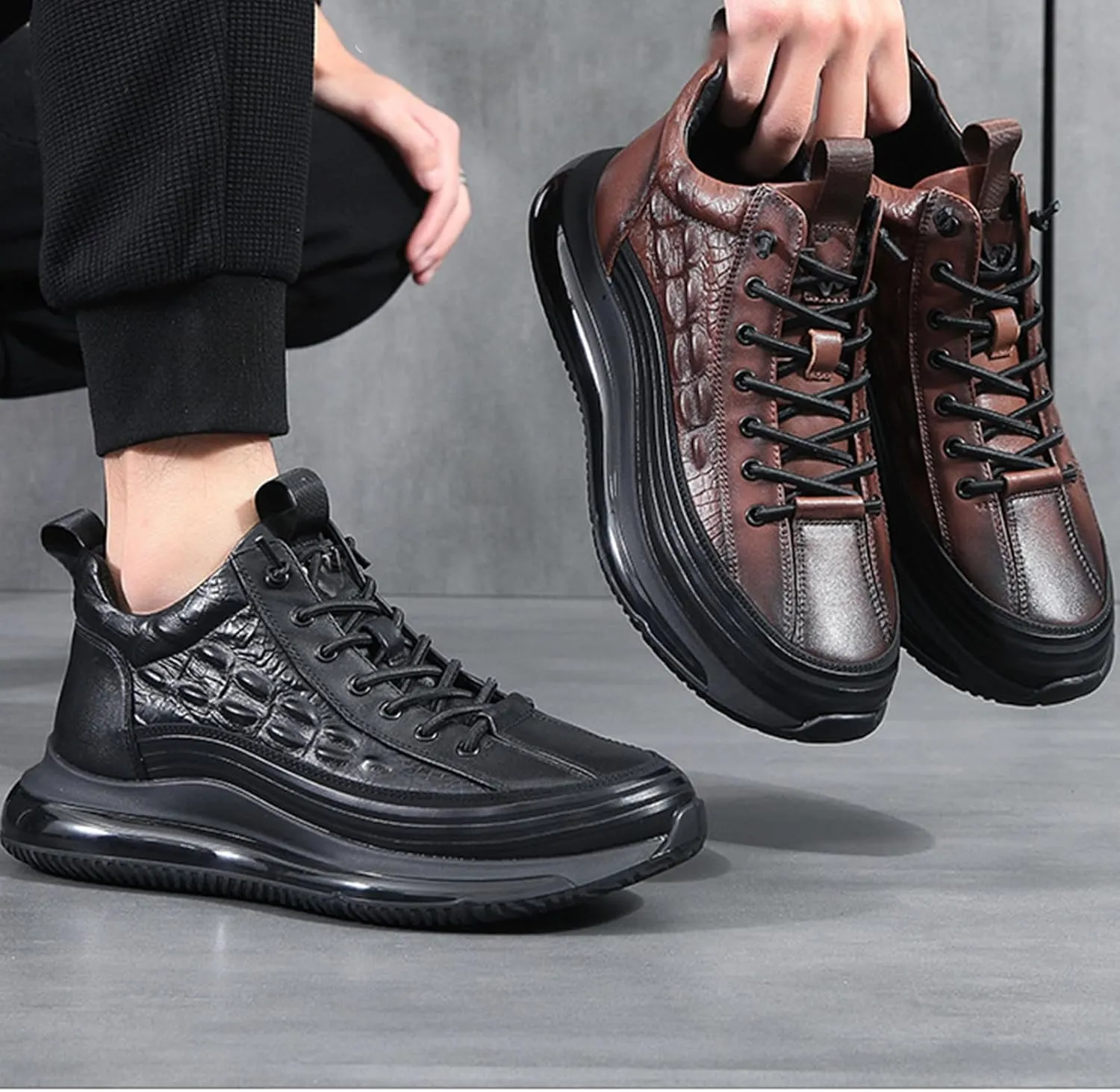 Men's Crocodile Pattern Leather Waterproof Non-Slip Sneakers Cushion Pattern Sneakers Height Lifting Comfortable Shoes