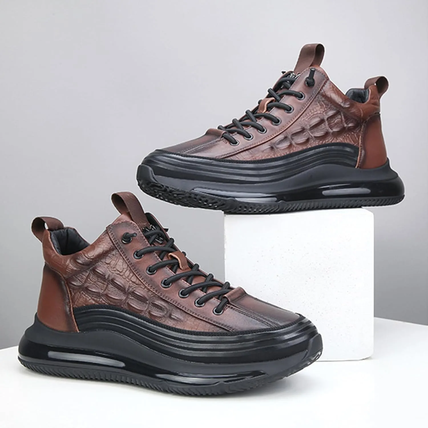 Men's Crocodile Pattern Leather Waterproof Non-Slip Sneakers Cushion Pattern Sneakers Height Lifting Comfortable Shoes