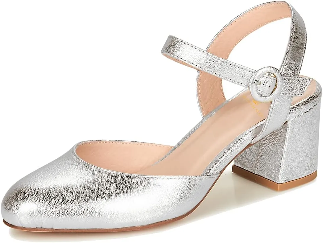 MOOMMO Women Slingback Low Chunky Heels Pumps Shoes Ankle Strap Closed Round Toe Dress Sandals Cutout Backless 2" Block Heel Dress Shoe Suede for Office Lady Wedding Party Comfortable Spring 4-11 M US
