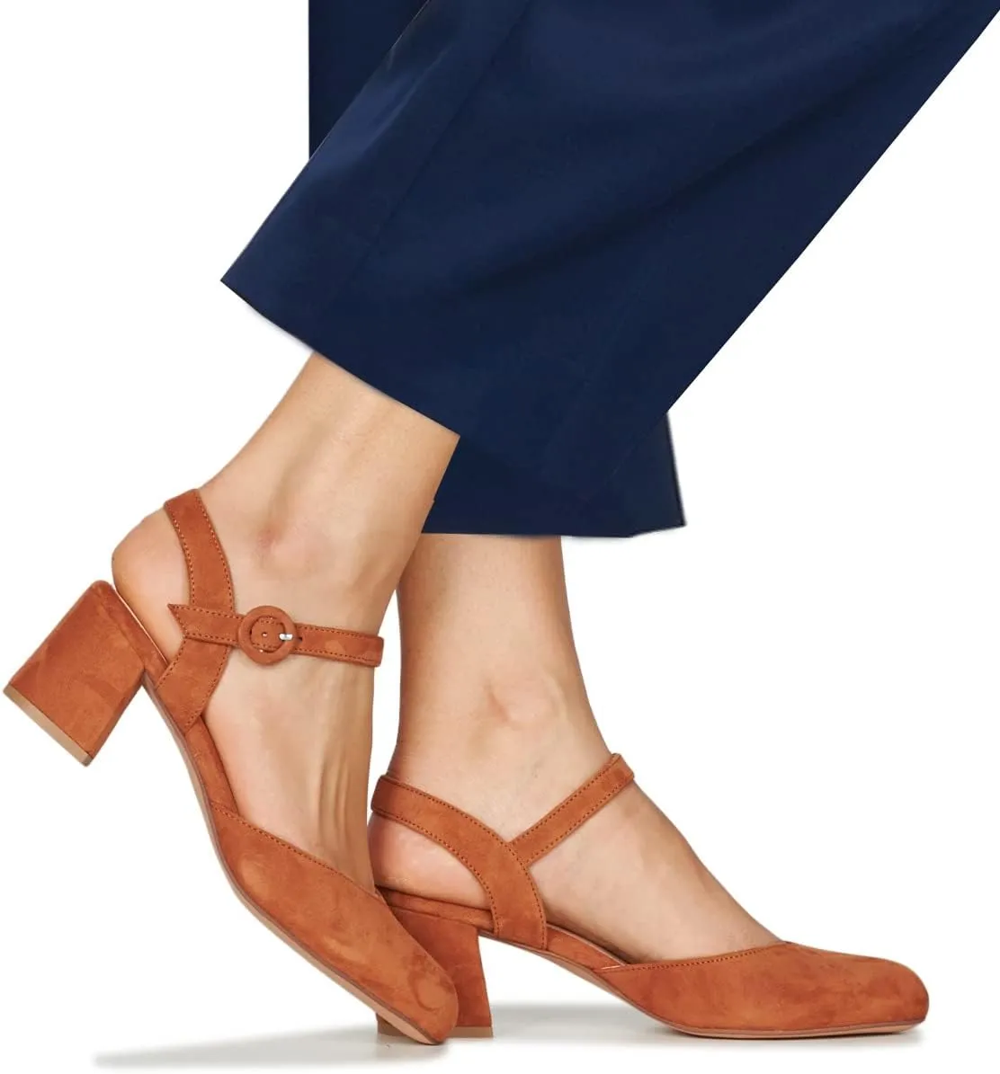 MOOMMO Women Slingback Low Chunky Heels Pumps Shoes Ankle Strap Closed Round Toe Dress Sandals Cutout Backless 2" Block Heel Dress Shoe Suede for Office Lady Wedding Party Comfortable Spring 4-11 M US