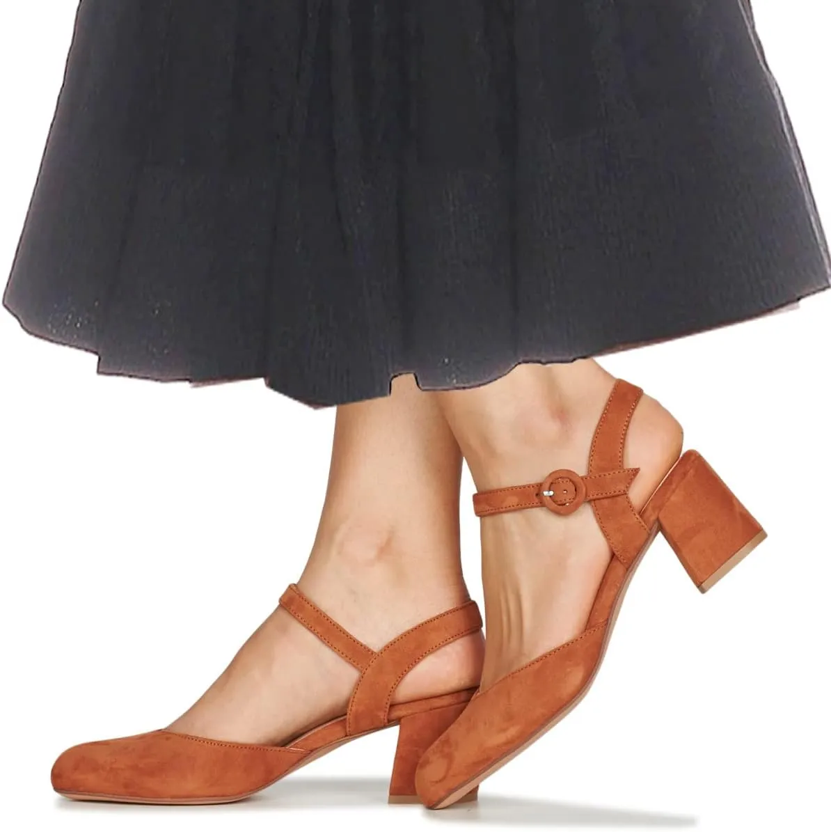 MOOMMO Women Slingback Low Chunky Heels Pumps Shoes Ankle Strap Closed Round Toe Dress Sandals Cutout Backless 2" Block Heel Dress Shoe Suede for Office Lady Wedding Party Comfortable Spring 4-11 M US