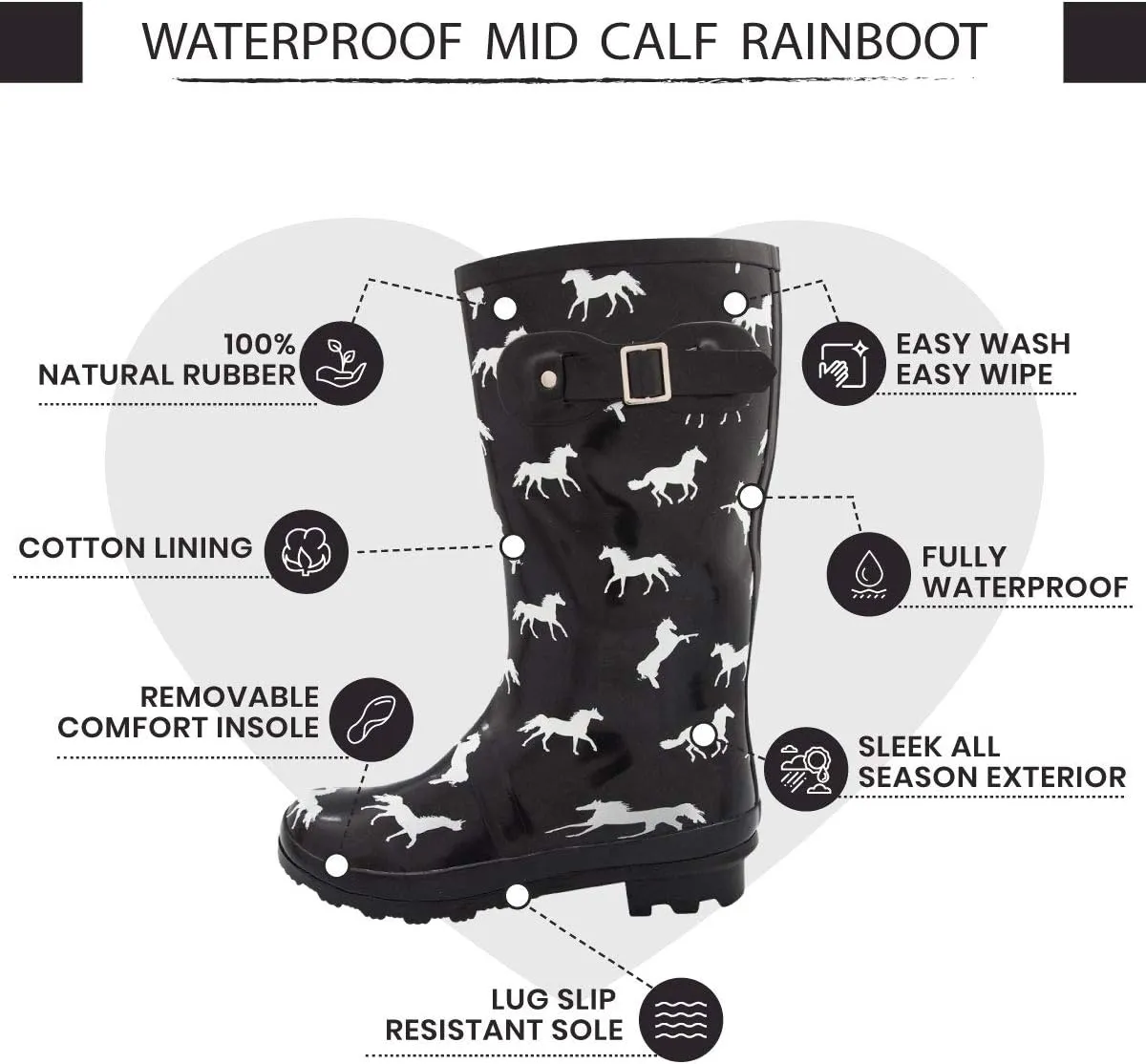 NORTY Women's Hurricane Rain Boots - Mid-Calf Length - Glossy Matte Waterproof Rubber Shoes