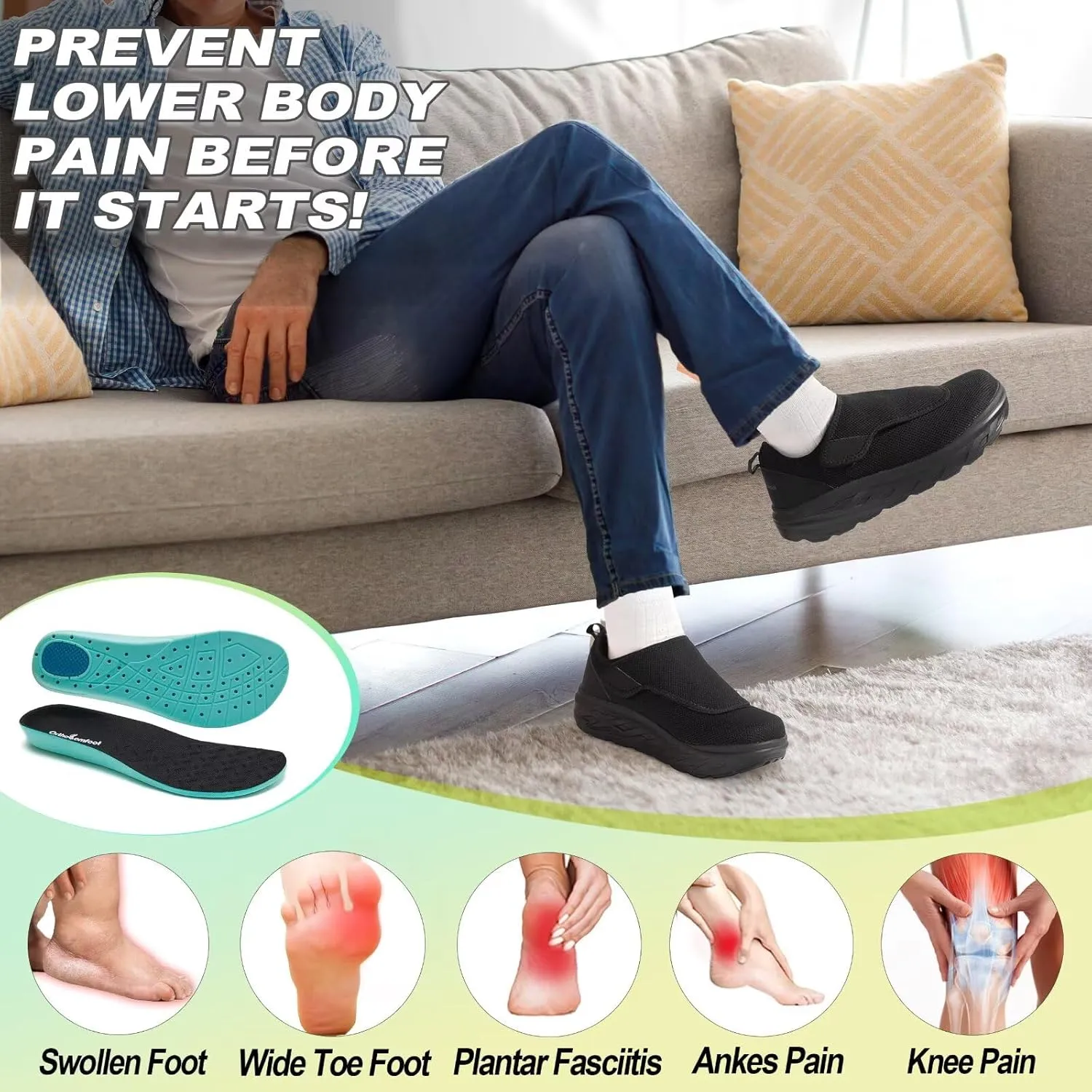 OrthoComfoot Men's Orthopedic Diabetic Extra Wide Walking Shoes: Comfortable Adjustable Easy Top Arch Support Slip On for Swollen Feet, Casual Orthotic Plantar Fasciitis Shoes for Foot and Heel Pain