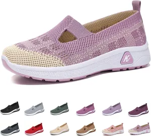 Orthowalkway Womens Shoes, Mesh Design, Breathable and Comfortable, Orthopedic Slip-On Lightweight Flat Soft Shoes