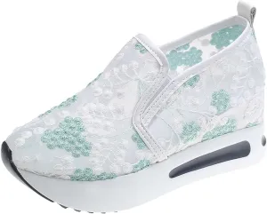 Platform Wedge Sneakers for Women Fashion Floral Embroidered Mesh Shoe Comfort Chunky Sole Hidden High Heels Slip On Loafers Dressy Casual Breathable Walking Shoes with Arch Support