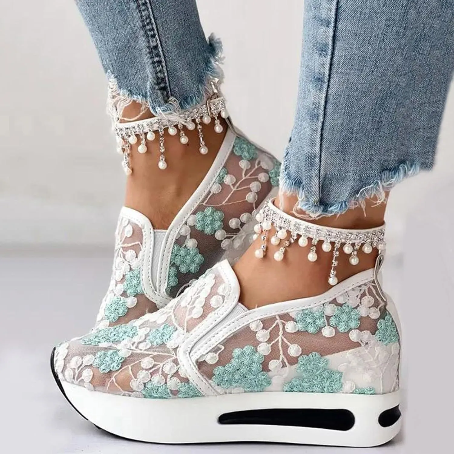 Platform Wedge Sneakers for Women Fashion Floral Embroidered Mesh Shoe Comfort Chunky Sole Hidden High Heels Slip On Loafers Dressy Casual Breathable Walking Shoes with Arch Support
