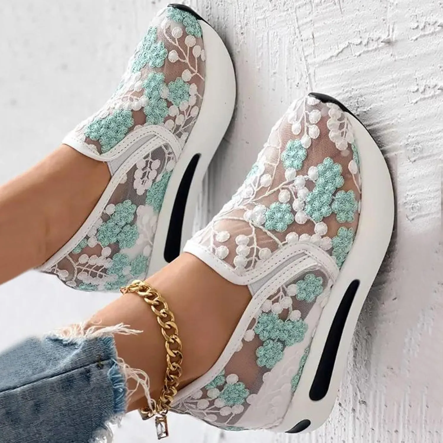 Platform Wedge Sneakers for Women Fashion Floral Embroidered Mesh Shoe Comfort Chunky Sole Hidden High Heels Slip On Loafers Dressy Casual Breathable Walking Shoes with Arch Support
