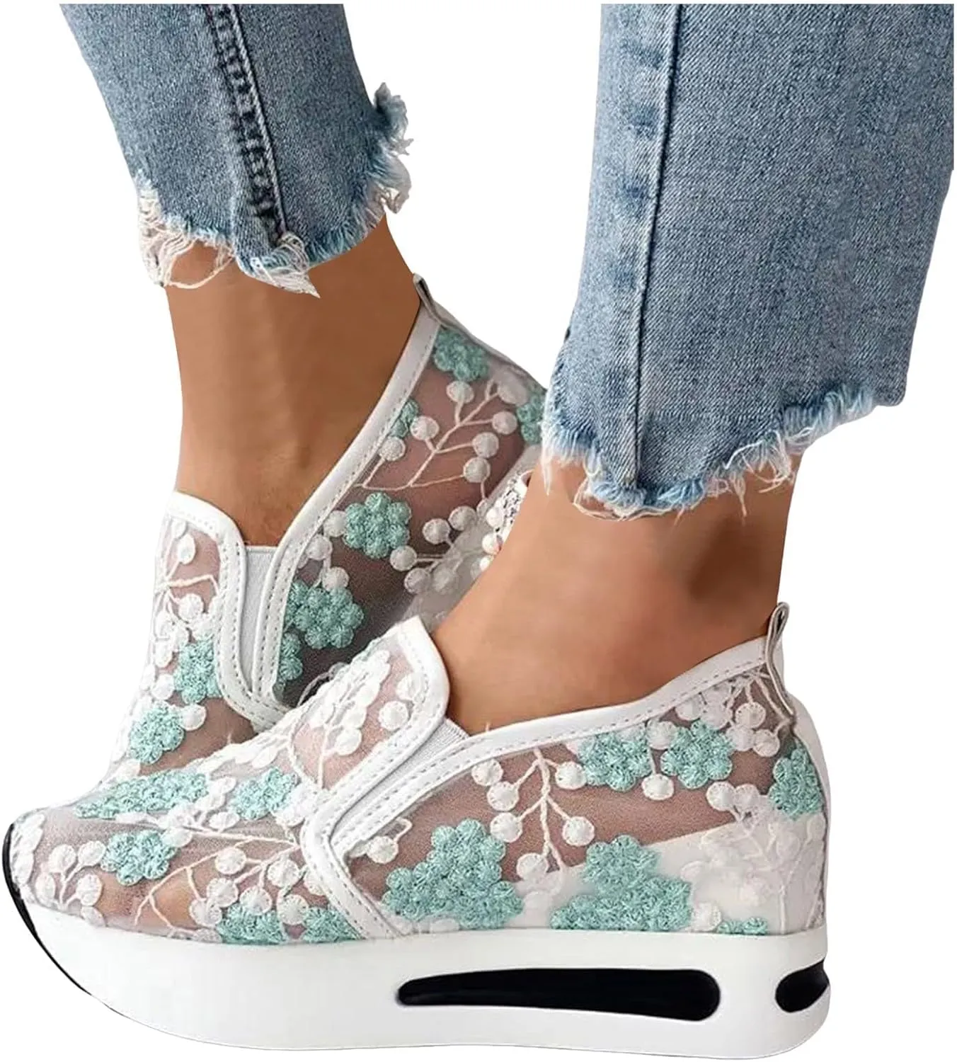Platform Wedge Sneakers for Women Fashion Floral Embroidered Mesh Shoe Comfort Chunky Sole Hidden High Heels Slip On Loafers Dressy Casual Breathable Walking Shoes with Arch Support