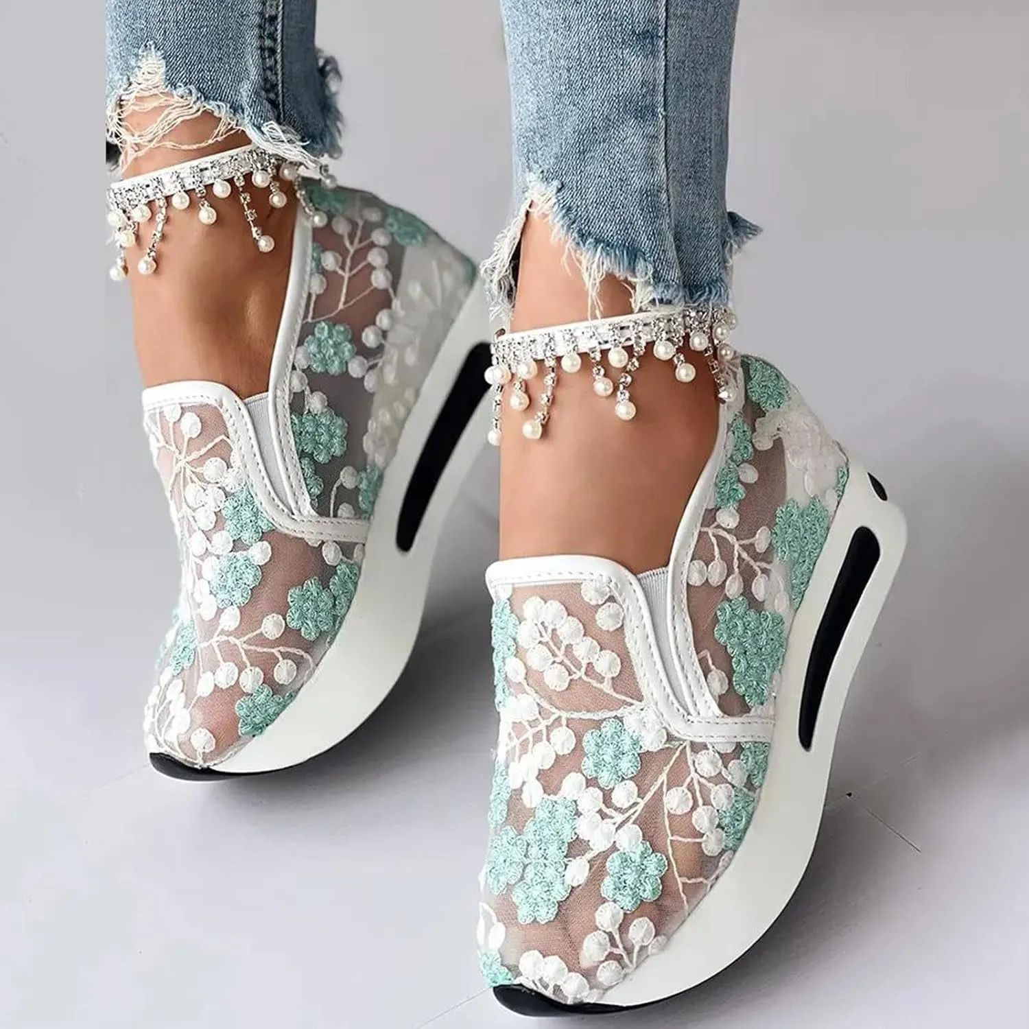 Platform Wedge Sneakers for Women Fashion Floral Embroidered Mesh Shoe Comfort Chunky Sole Hidden High Heels Slip On Loafers Dressy Casual Breathable Walking Shoes with Arch Support