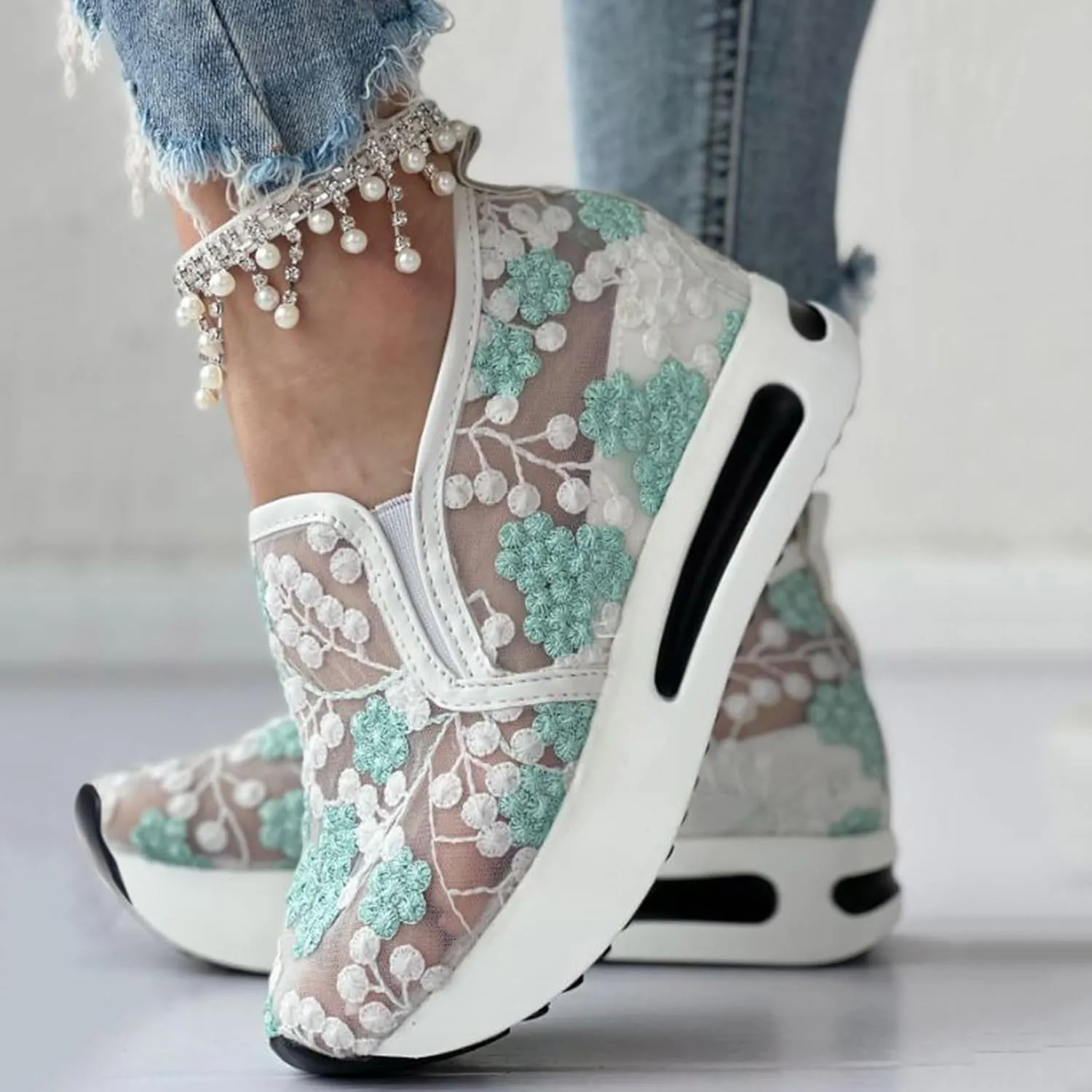 Platform Wedge Sneakers for Women Fashion Floral Embroidered Mesh Shoe Comfort Chunky Sole Hidden High Heels Slip On Loafers Dressy Casual Breathable Walking Shoes with Arch Support