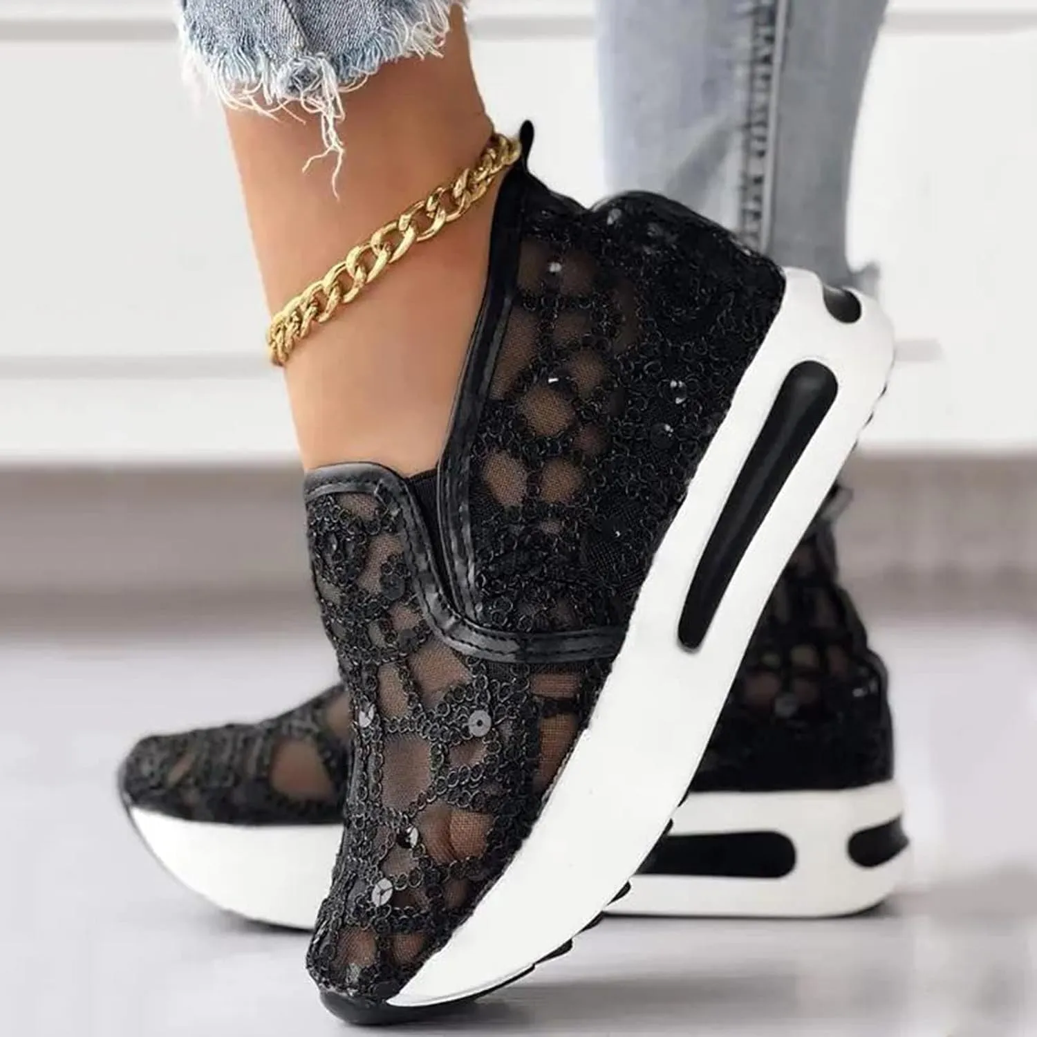 Platform Wedge Sneakers for Women Fashion Mesh Shoes Embroidery Slip On Womens Loafers Comfortable Dressy Chunky Sole High Heels Breathable Walking Shoes with Arch Support