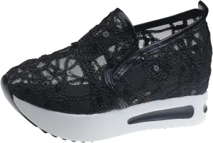 Platform Wedge Sneakers for Women Fashion Mesh Shoes Embroidery Slip On Womens Loafers Comfortable Dressy Chunky Sole High Heels Breathable Walking Shoes with Arch Support