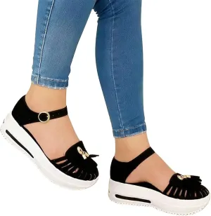 Sandals Women's Flatform Soft Sole Comfy Flats Platform Tassels Canvas Shoes Closed Toe Sandal Summer Casual Suede Loafers,Black,US4.5/EU35