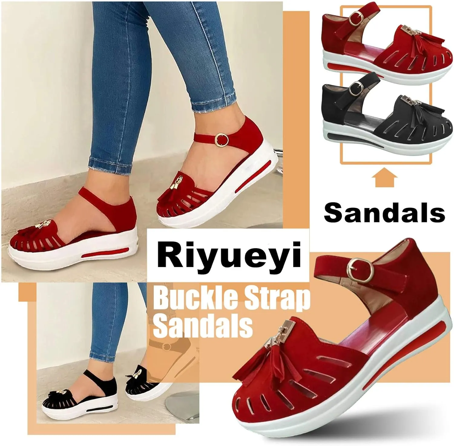Sandals Women's Flatform Soft Sole Comfy Flats Platform Tassels Canvas Shoes Closed Toe Sandal Summer Casual Suede Loafers,Black,US4.5/EU35