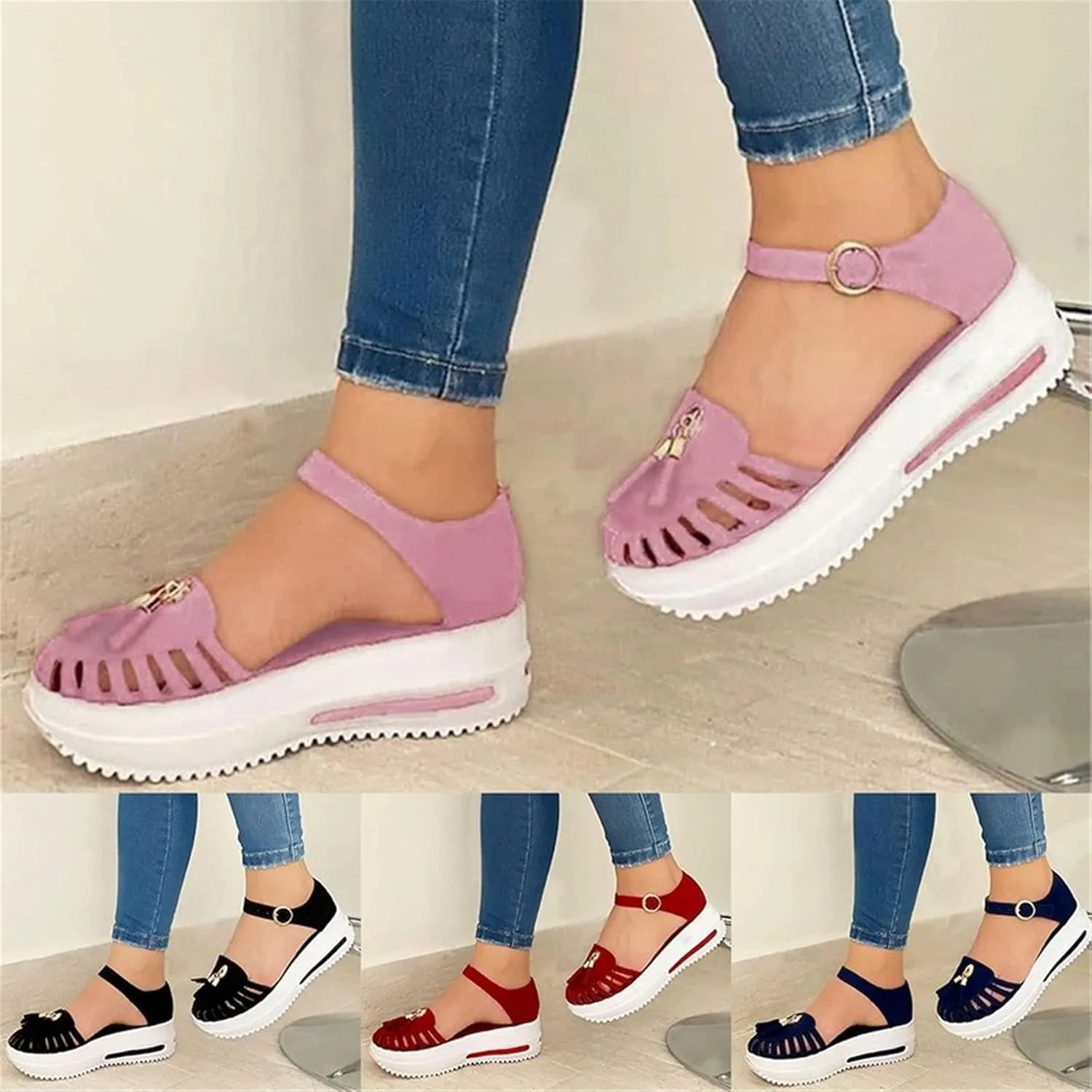 Sandals Women's Flatform Soft Sole Comfy Flats Platform Tassels Canvas Shoes Closed Toe Sandal Summer Casual Suede Loafers,Black,US4.5/EU35