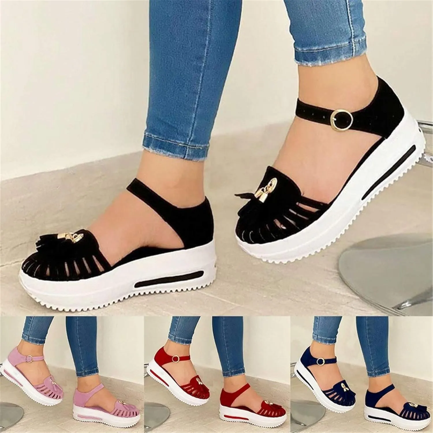 Sandals Women's Flatform Soft Sole Comfy Flats Platform Tassels Canvas Shoes Closed Toe Sandal Summer Casual Suede Loafers,Black,US4.5/EU35