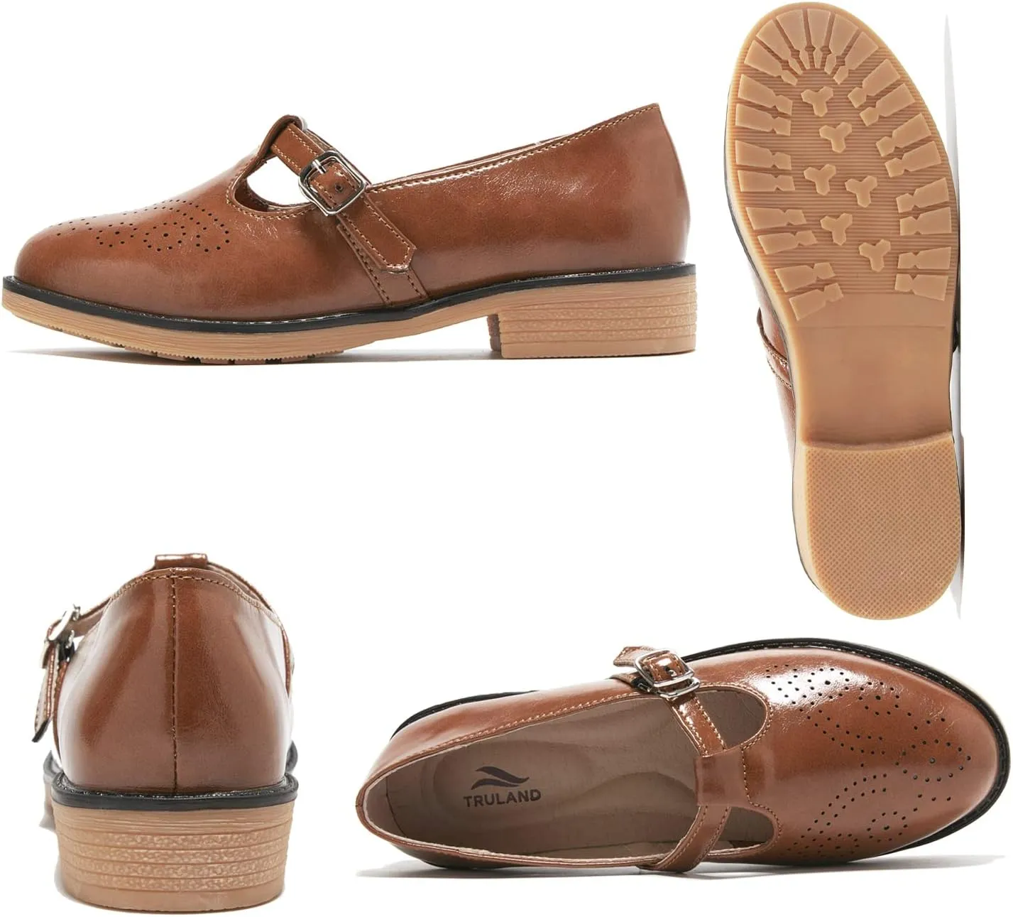 TRULAND Women's Leather Mary Jane Oxfords Shoes - Slip On T-Strap Loafers Casual Closed Toe Dressy Flats Shoes for Office Work