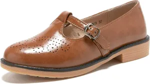 TRULAND Women's Leather Mary Jane Oxfords Shoes - Slip On T-Strap Loafers Casual Closed Toe Dressy Flats Shoes for Office Work