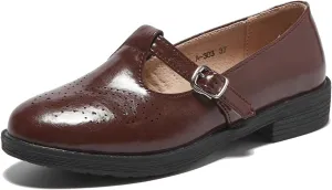 TRULAND Women's Leather Mary Jane Oxfords Shoes - Slip On T-Strap Loafers Casual Closed Toe Dressy Flats Shoes for Office Work