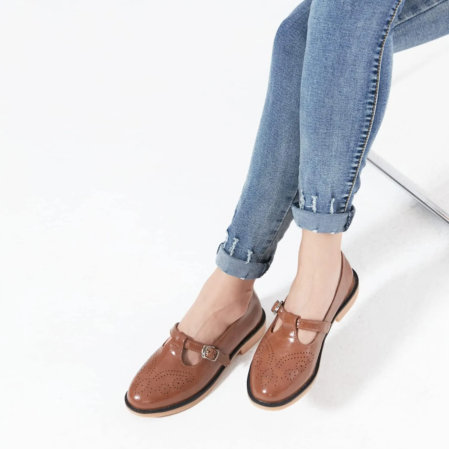 TRULAND Women's Leather Mary Jane Oxfords Shoes - Slip On T-Strap Loafers Casual Closed Toe Dressy Flats Shoes for Office Work