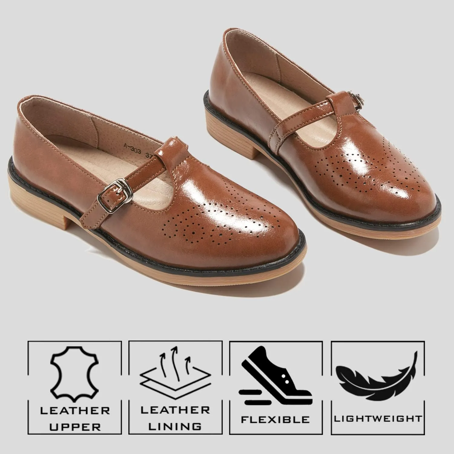 TRULAND Women's Leather Mary Jane Oxfords Shoes - Slip On T-Strap Loafers Casual Closed Toe Dressy Flats Shoes for Office Work