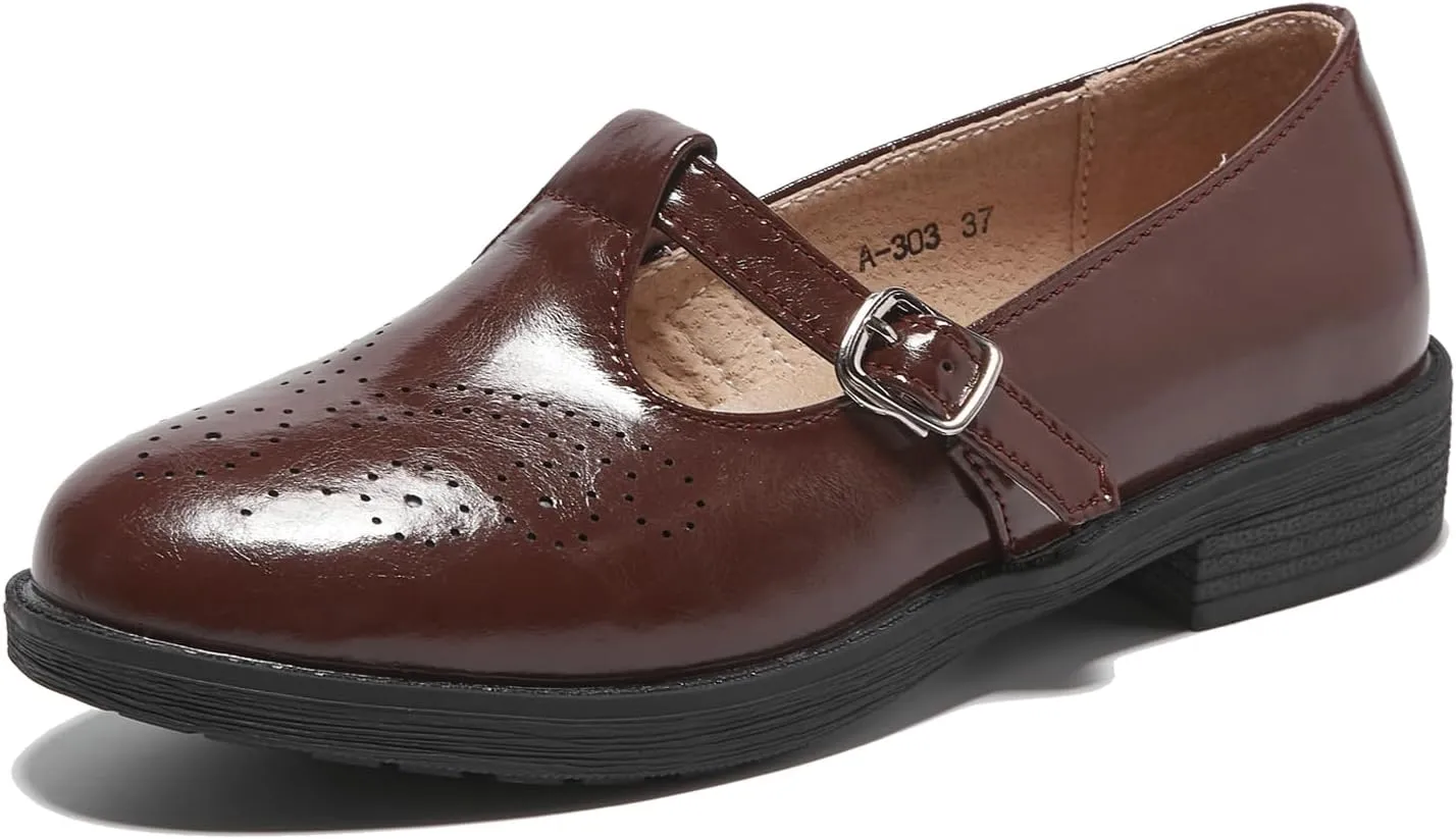 TRULAND Women's Leather Mary Jane Oxfords Shoes - Slip On T-Strap Loafers Casual Closed Toe Dressy Flats Shoes for Office Work