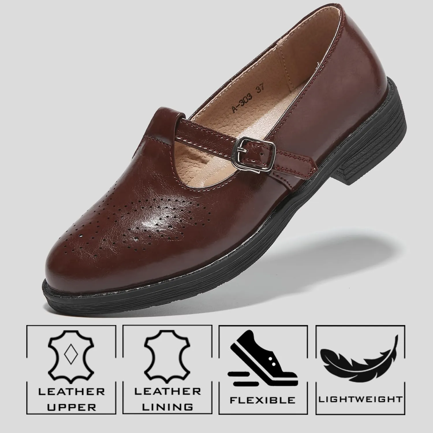 TRULAND Women's Leather Mary Jane Oxfords Shoes - Slip On T-Strap Loafers Casual Closed Toe Dressy Flats Shoes for Office Work