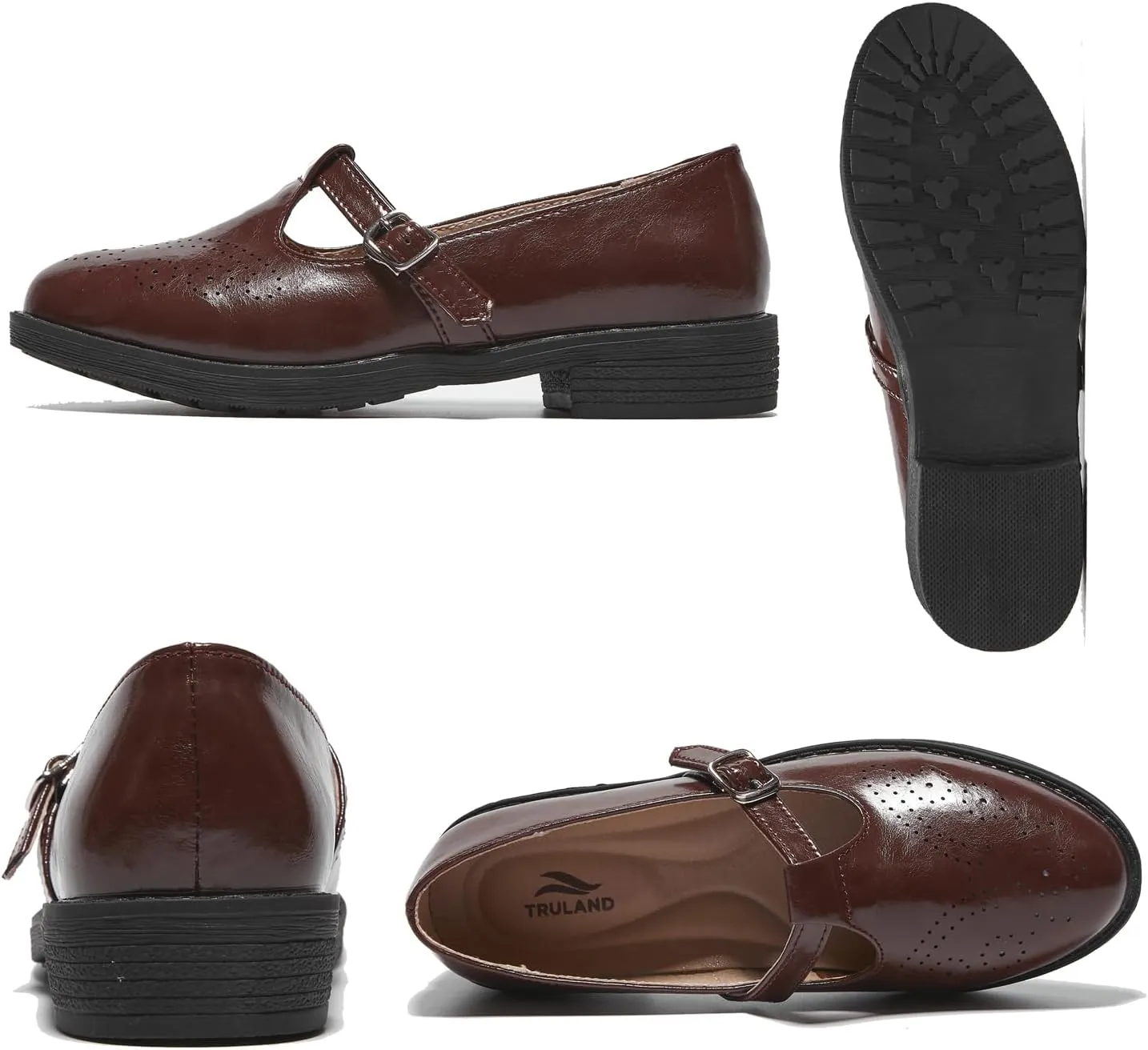 TRULAND Women's Leather Mary Jane Oxfords Shoes - Slip On T-Strap Loafers Casual Closed Toe Dressy Flats Shoes for Office Work