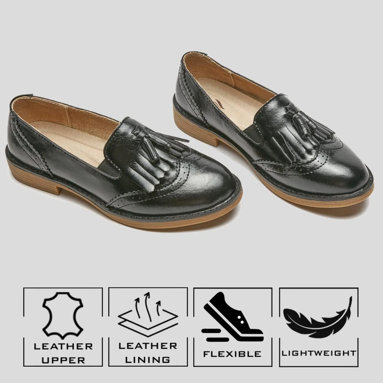 TRULAND Women’s Leather Penny Loafers – Slip On Wingtip Oxfords Tassel Loafers Comfortable Casual Dressy Shoes for Office Work
