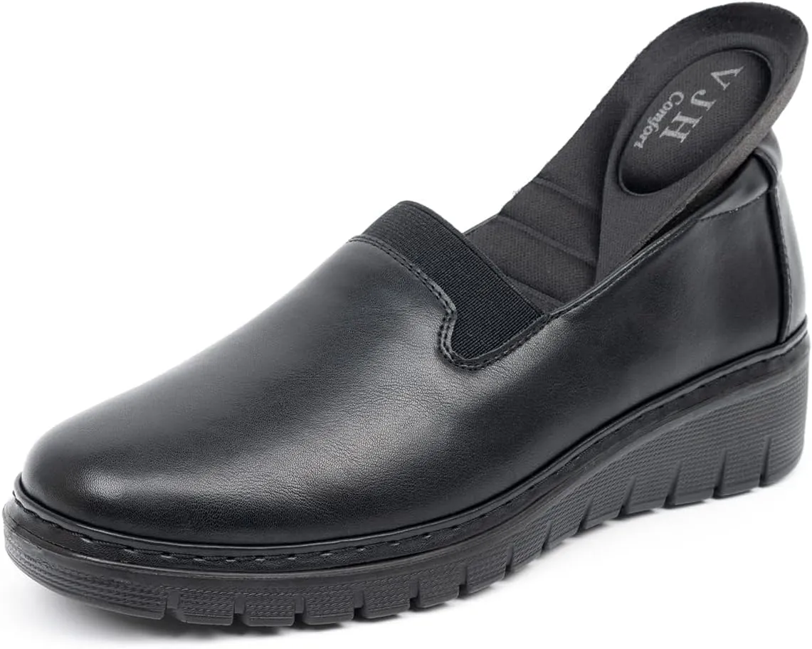 VJH confort Women’s Loafers Round Toe Slip on Comfort Arch Support Walking Shoes(Black 9-)