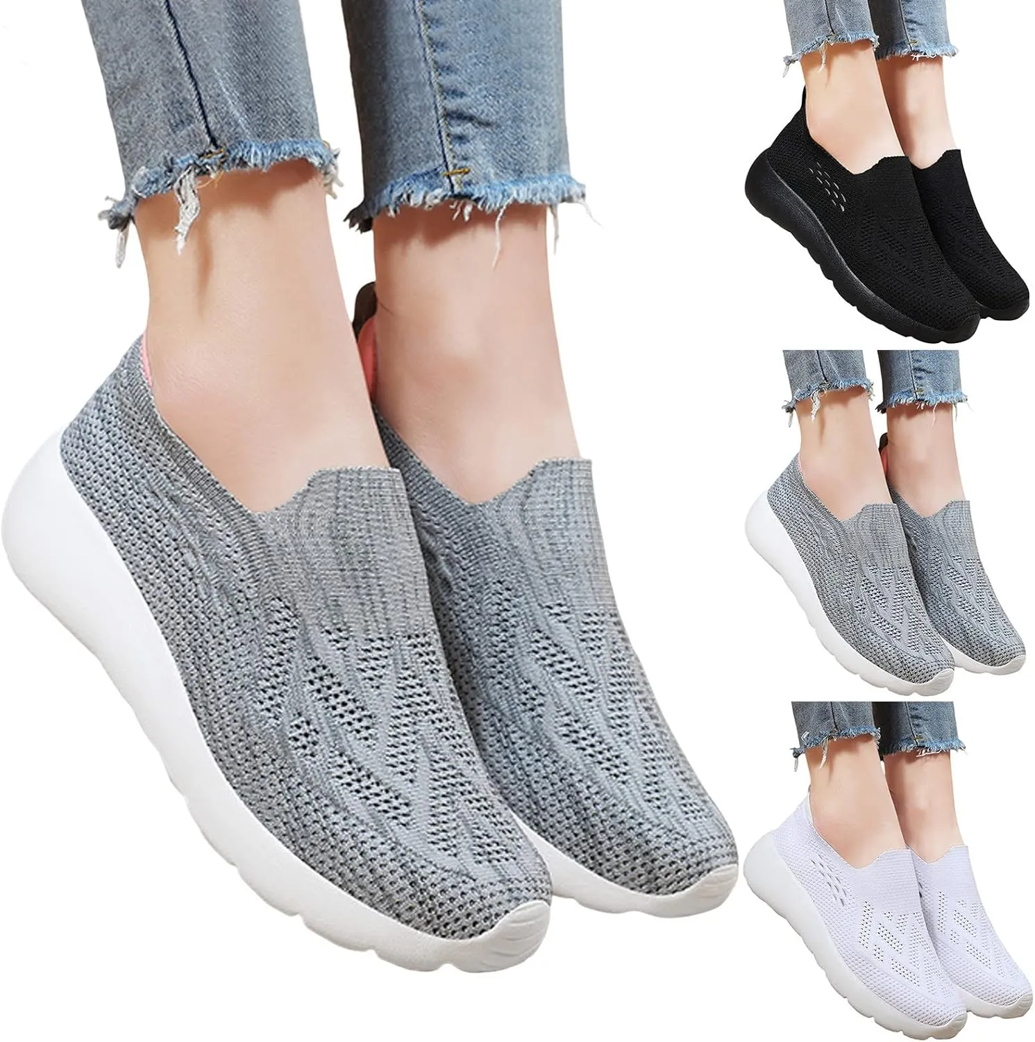 Women Sneakers Fashionable Simple and Solid Color Mesh Breathable The New Summer Style Comfortable Thick (Grey, 7)