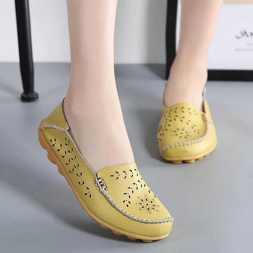 Women's Casual Round Head Moccasin Shoes Comfortable Leather Breathable Loafers Walking Nurse Breathable Driving Fashion Soft Shoes