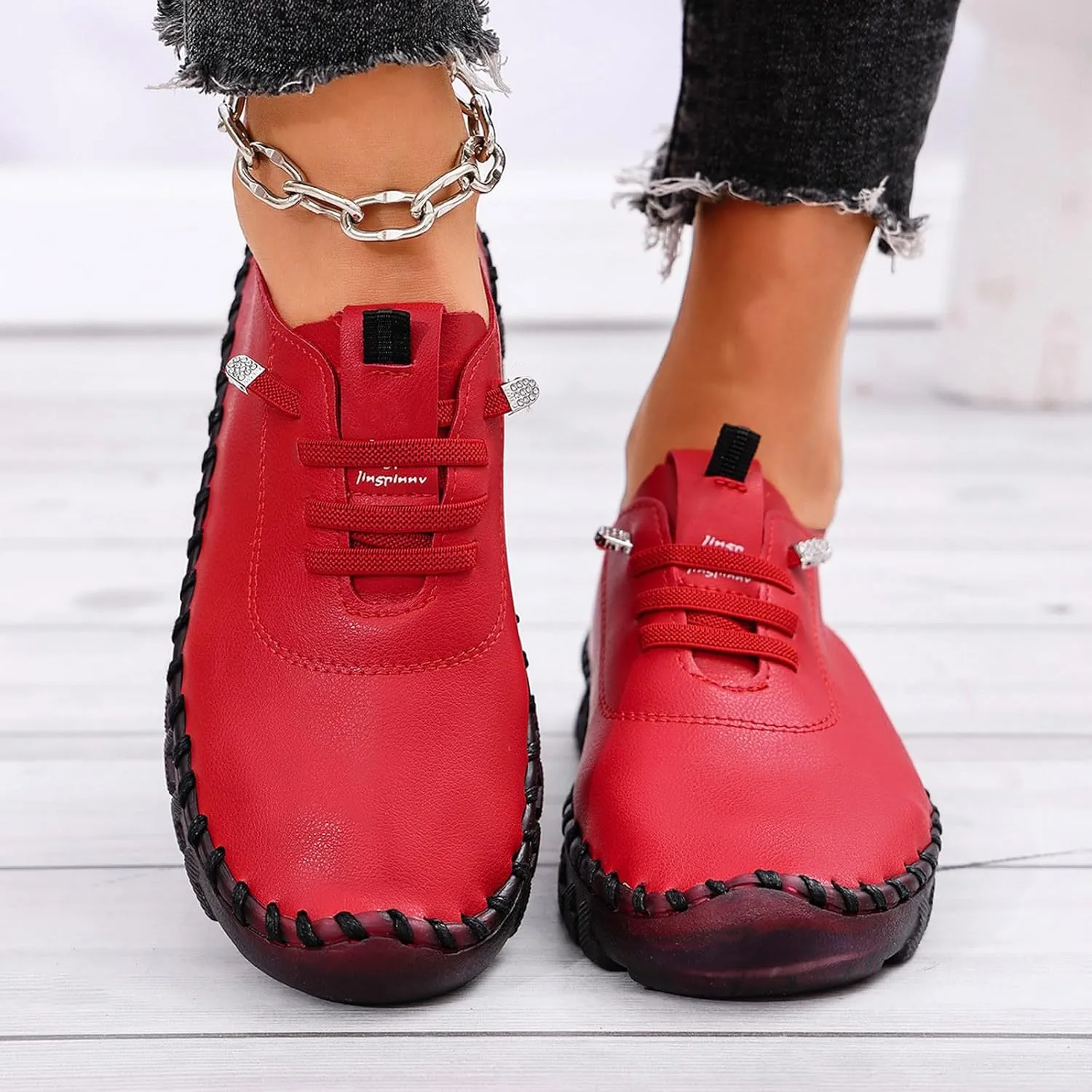 Womens Comfy Breathable Sneakers Flat Bottom Leather Slip-on Loafers Handmade Soft Shoes Sandals