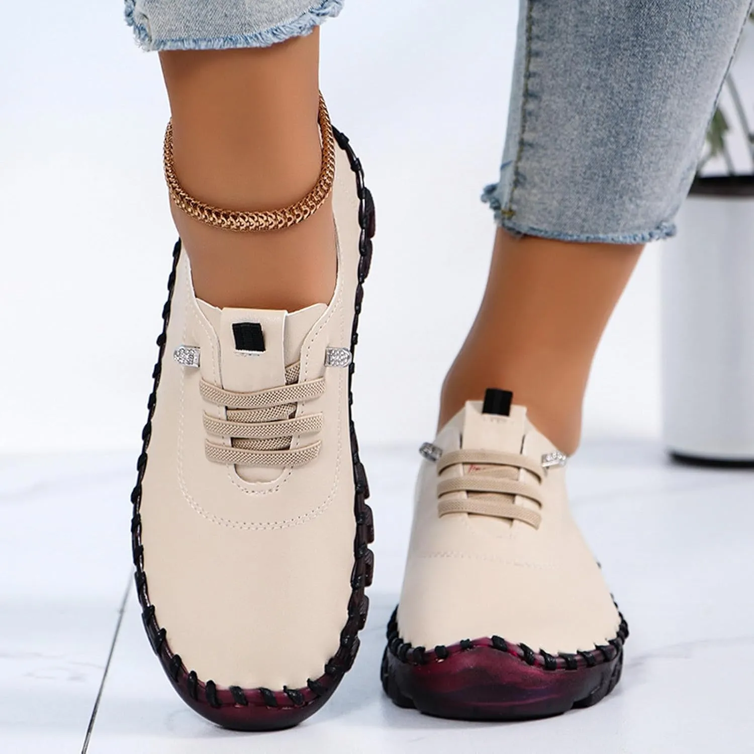 Womens Comfy Breathable Sneakers Flat Bottom Leather Slip-on Loafers Handmade Soft Shoes Sandals