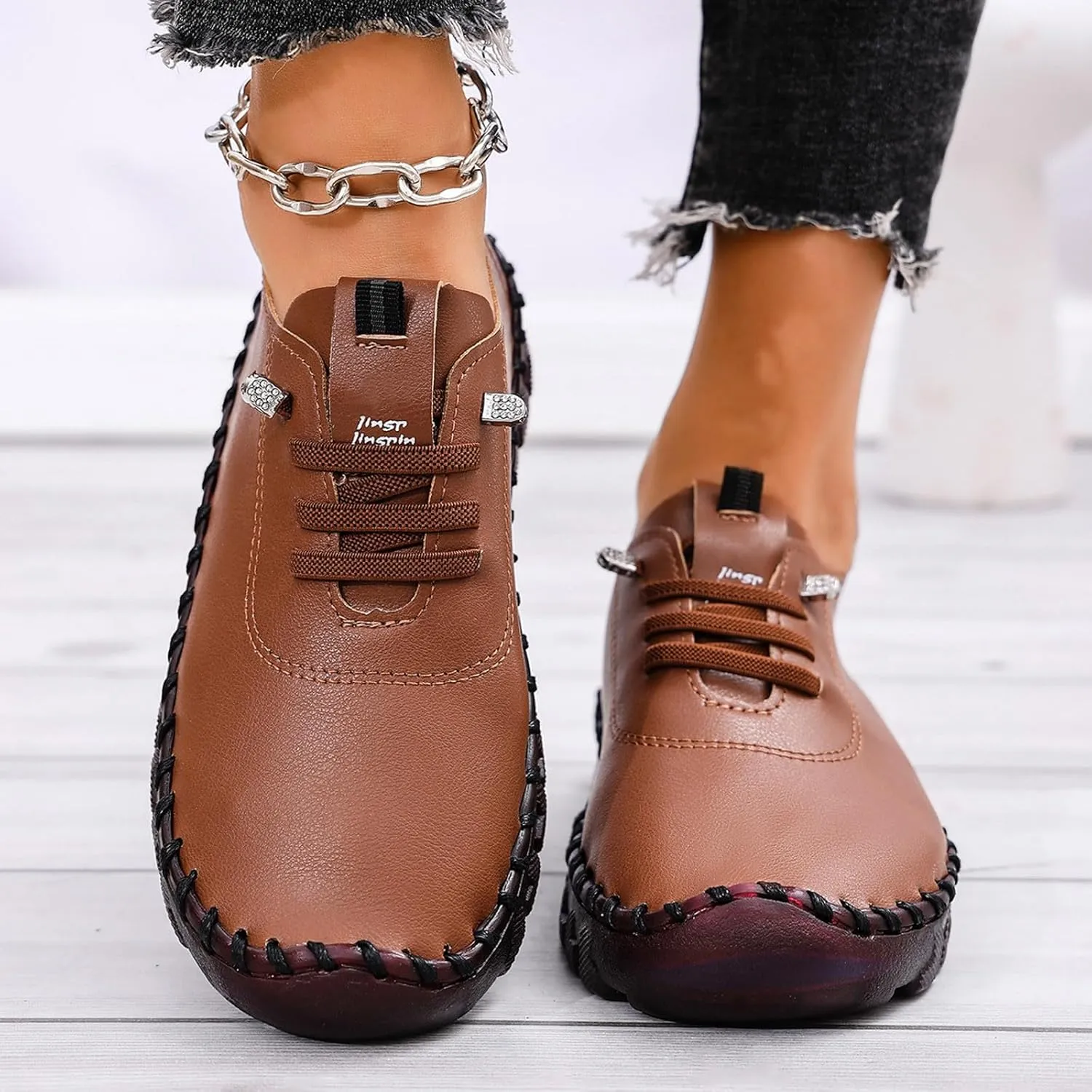 Womens Comfy Breathable Sneakers Flat Bottom Leather Slip-on Loafers Handmade Soft Shoes Sandals