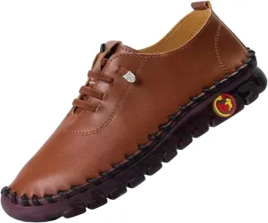 Womens Comfy Breathable Sneakers Flat Bottom Leather Slip-on Loafers Handmade Soft Shoes Sandals