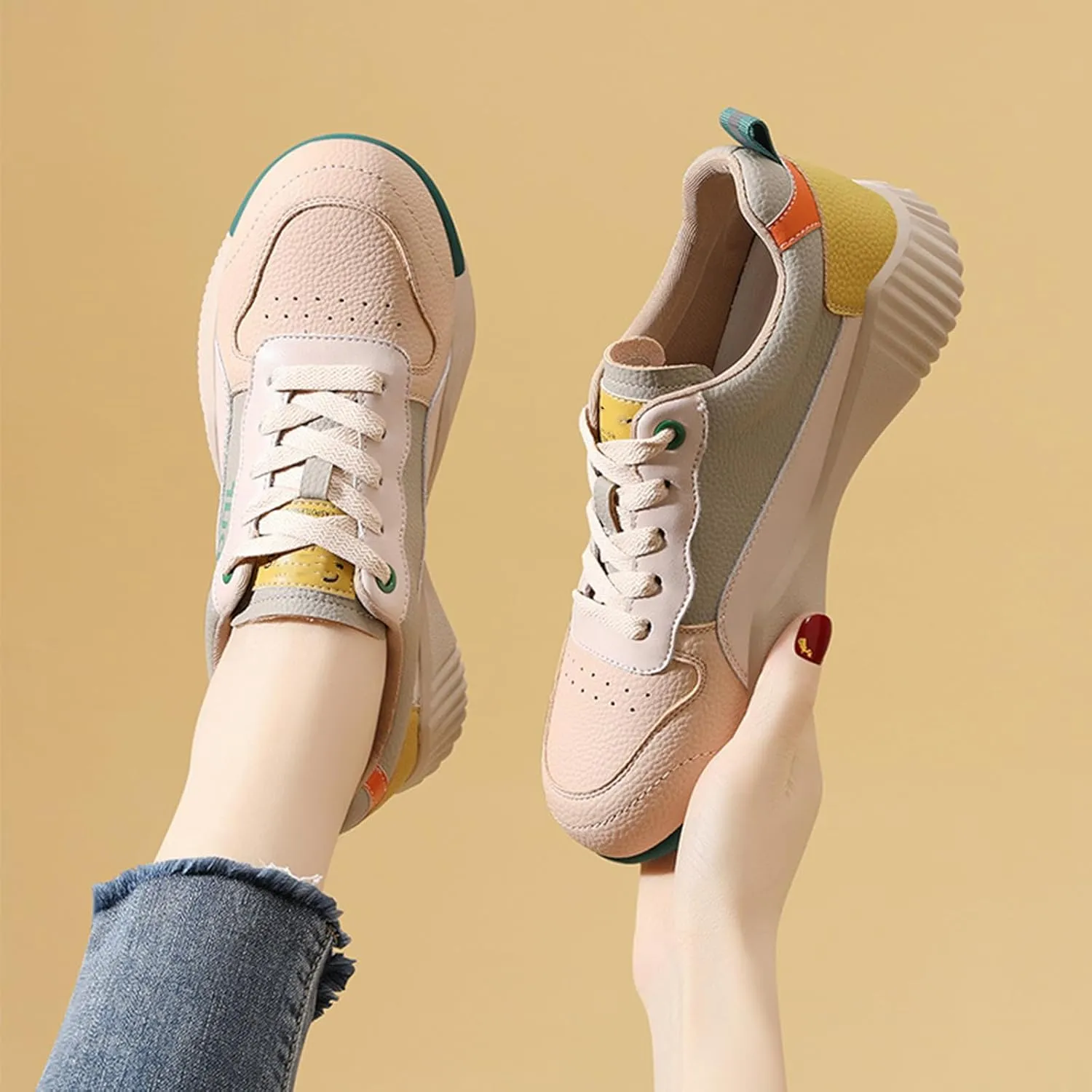 Women's Fashion Sneakers - Casual Platform Chunky Trainers for Autumn and Winter - Breathable, Soft and Thick-Soled, Comfortable, Lightweight - Perfect Women's Flat Sneaker,Yellow-38