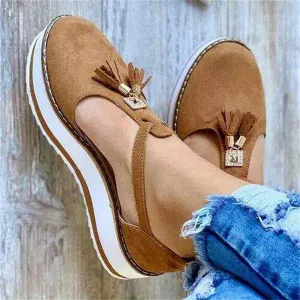 Women's Flatform Sandals Soft Sole Comfy Flats Platform Tassels Canvas Shoes Closed Toe Sandal Summer Casual Suede Loafers,Brown,US10/EU42