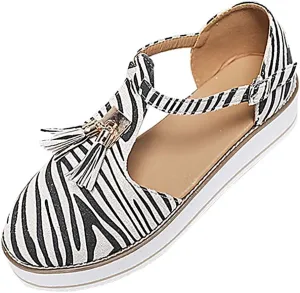 Women's Flatform Sandals,Soft Sole Comfy Flats Platform Tassels Canvas Shoes Closed Toe Sandal Summer Casual Suede Loafers