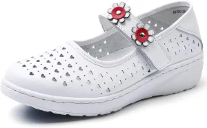 Womens Flower Orthopedic Platform Mary Jane Walking Shoes Adjustable Hook and Loop Hollow Comfort Arch Support Wedge Nursing Shoes Casual Non-Slip Breathable Toning Rocker Shoes