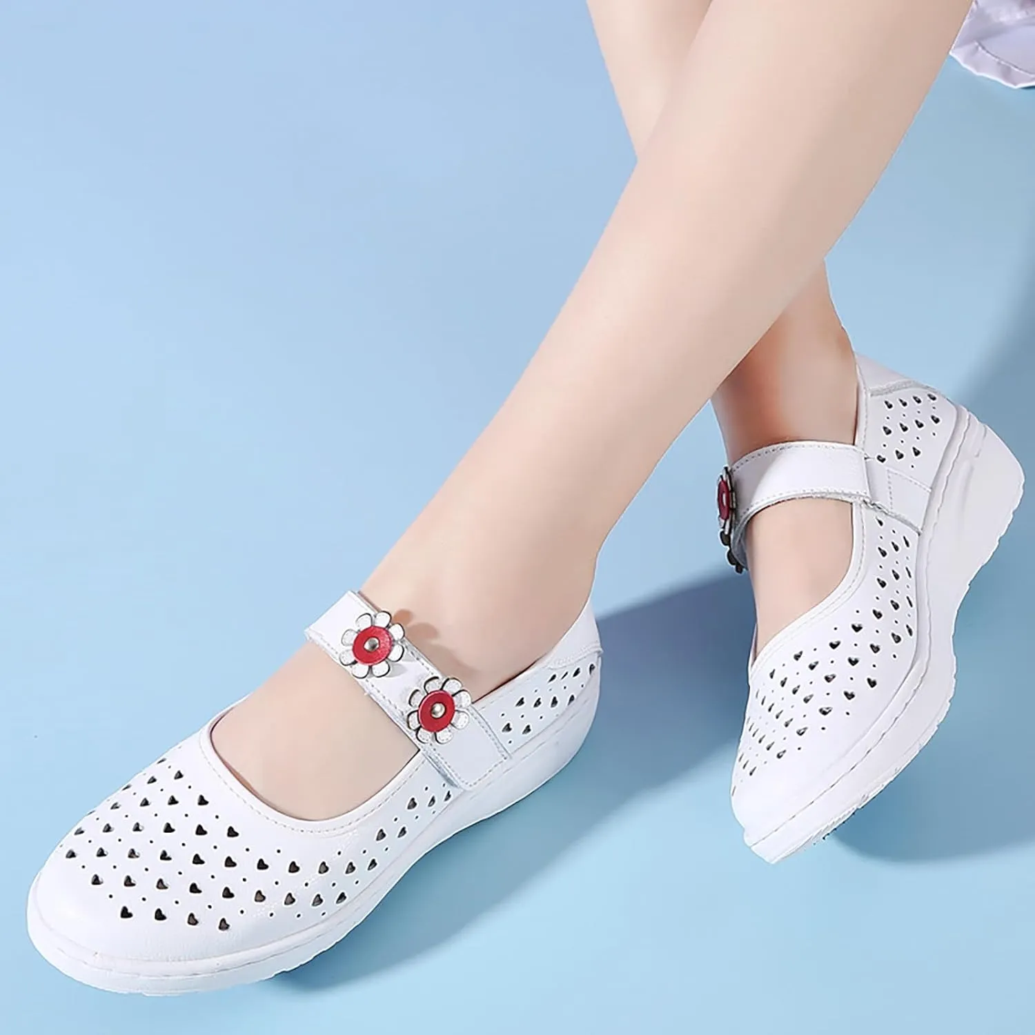 Womens Flower Orthopedic Platform Mary Jane Walking Shoes Adjustable Hook and Loop Hollow Comfort Arch Support Wedge Nursing Shoes Casual Non-Slip Breathable Toning Rocker Shoes