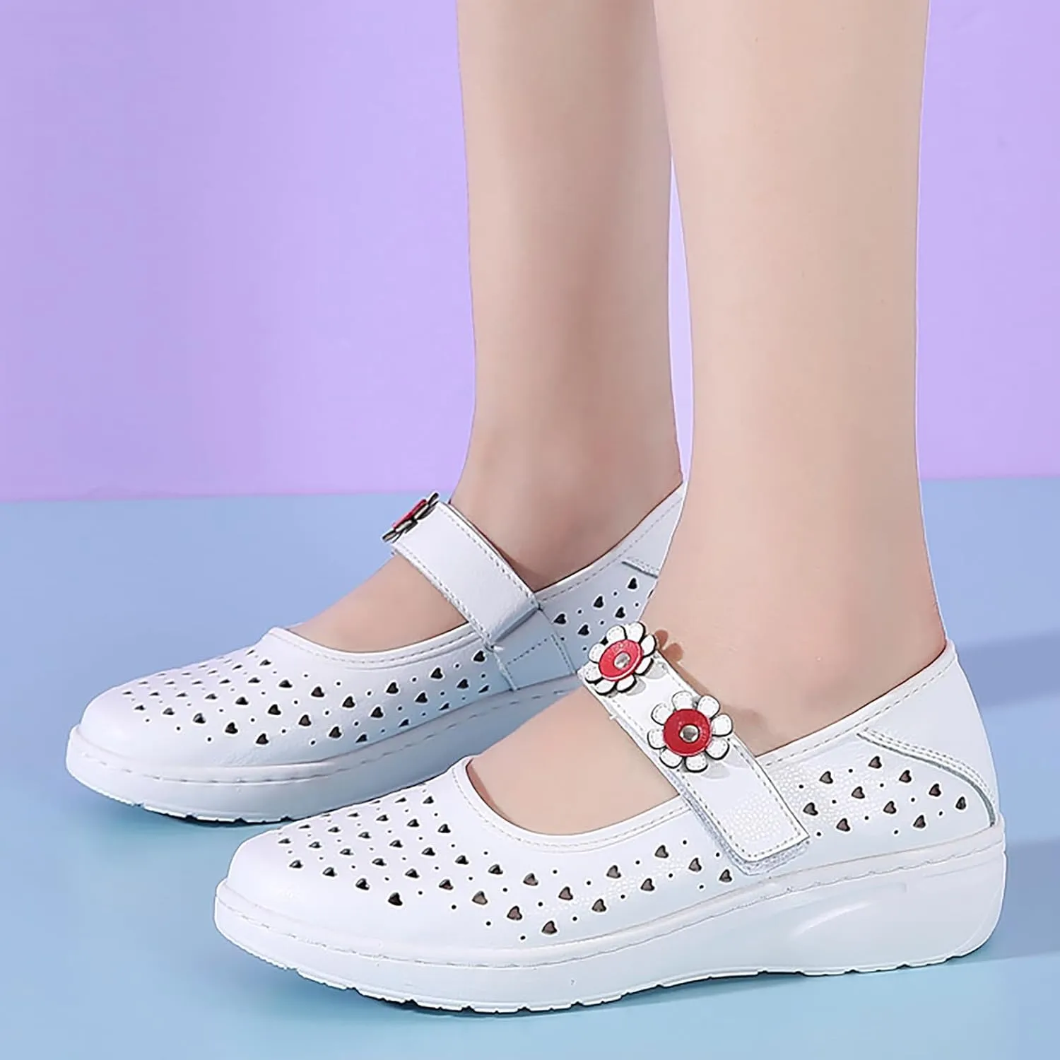 Womens Flower Orthopedic Platform Mary Jane Walking Shoes Adjustable Hook and Loop Hollow Comfort Arch Support Wedge Nursing Shoes Casual Non-Slip Breathable Toning Rocker Shoes