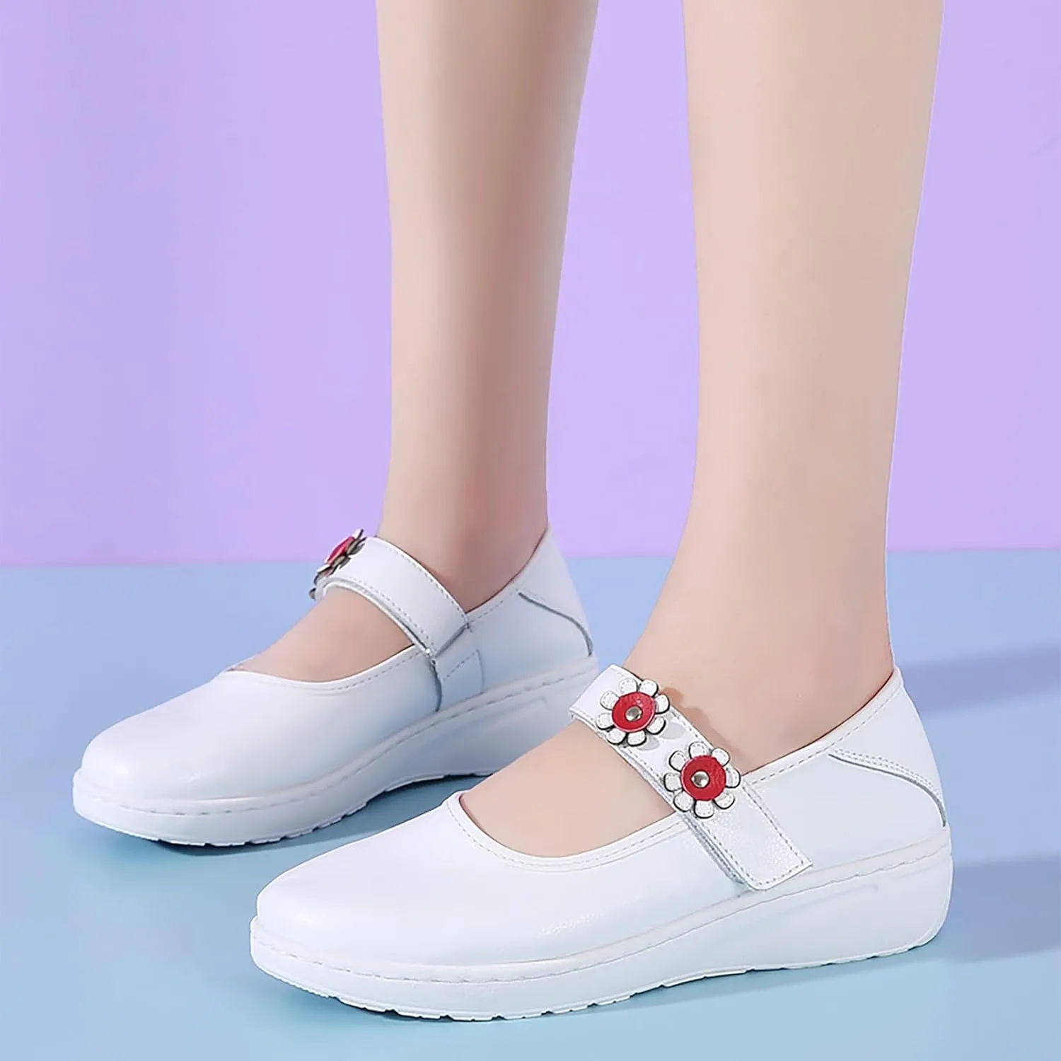 Womens Flower Orthopedic Platform Mary Jane Walking Shoes Adjustable Hook and Loop Hollow Comfort Arch Support Wedge Nursing Shoes Casual Non-Slip Breathable Toning Rocker Shoes
