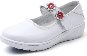 Womens Flower Orthopedic Platform Mary Jane Walking Shoes Adjustable Hook and Loop Hollow Comfort Arch Support Wedge Nursing Shoes Casual Non-Slip Breathable Toning Rocker Shoes