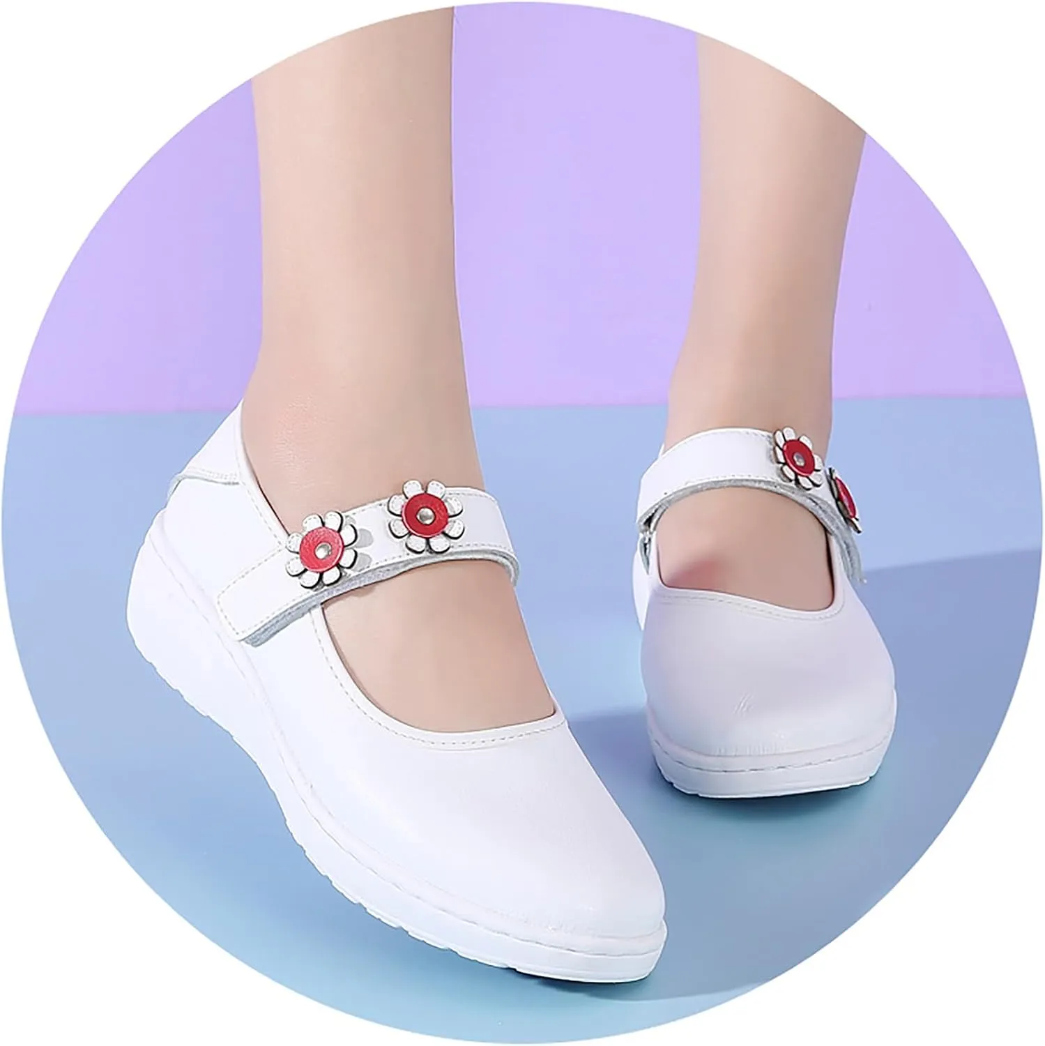 Womens Flower Orthopedic Platform Mary Jane Walking Shoes Adjustable Hook and Loop Hollow Comfort Arch Support Wedge Nursing Shoes Casual Non-Slip Breathable Toning Rocker Shoes